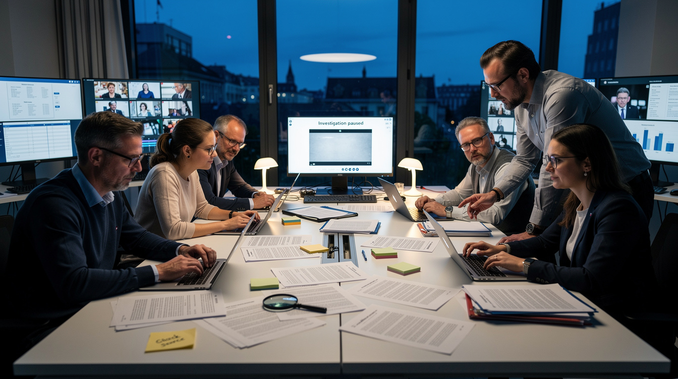 Investigative journalists reviewing documents and video footage in a newsroom